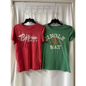 Two fun Holiday Time Women's Christmas themed Short Sleeved Tshirts Size S (4-6)